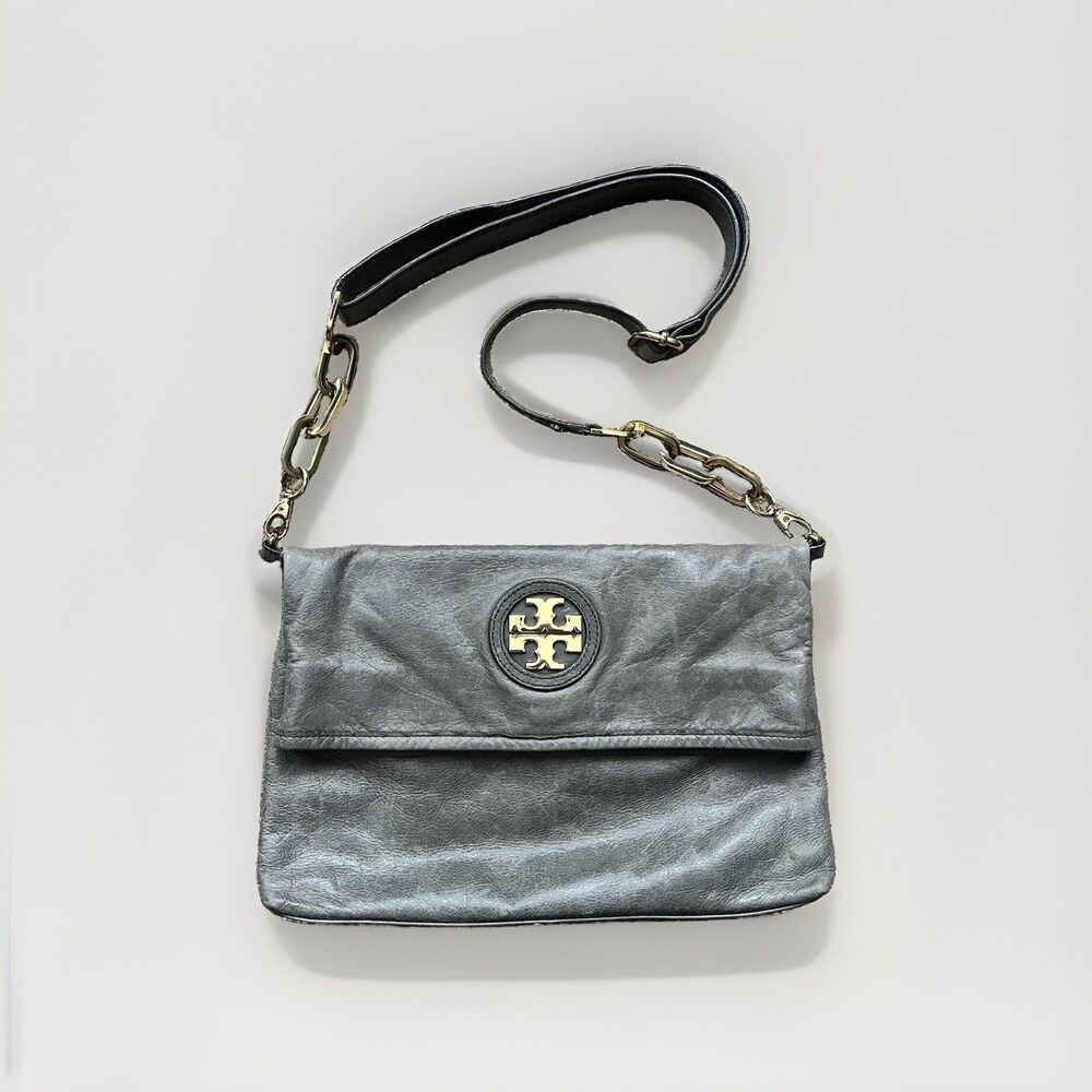 Tory Burch Convertible City Messenger Gray Leather Gold Chain Foldover Crossbody